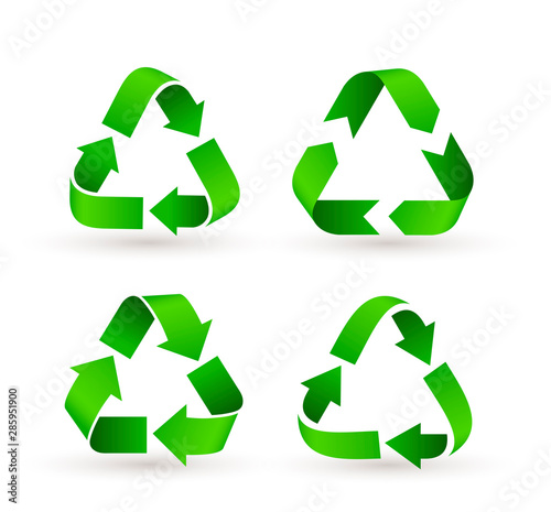 Set of triangle green arrows. Triangle shape Recycling. Clear planet concept. Motion logo organic element. Environmental icon. Global technology. Vector illustration. Isolated on white background.