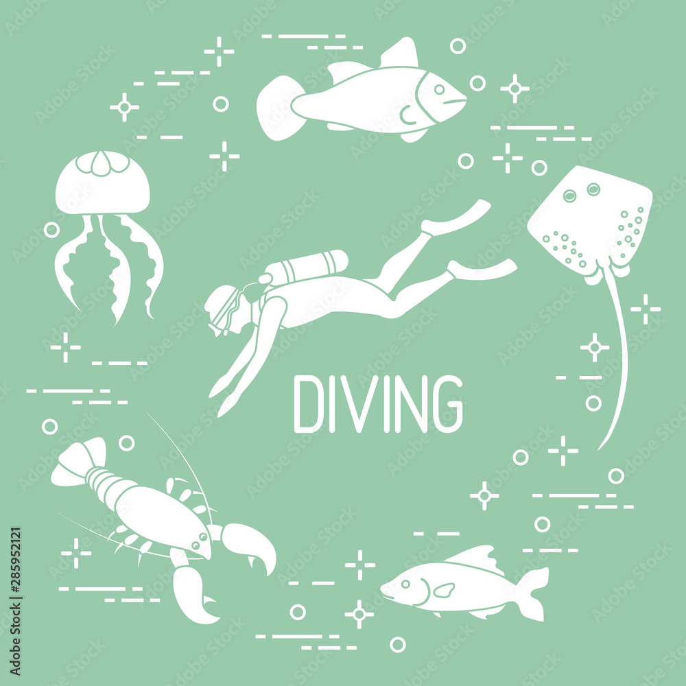 Diver, jellyfish, lobster, stingray, fish.