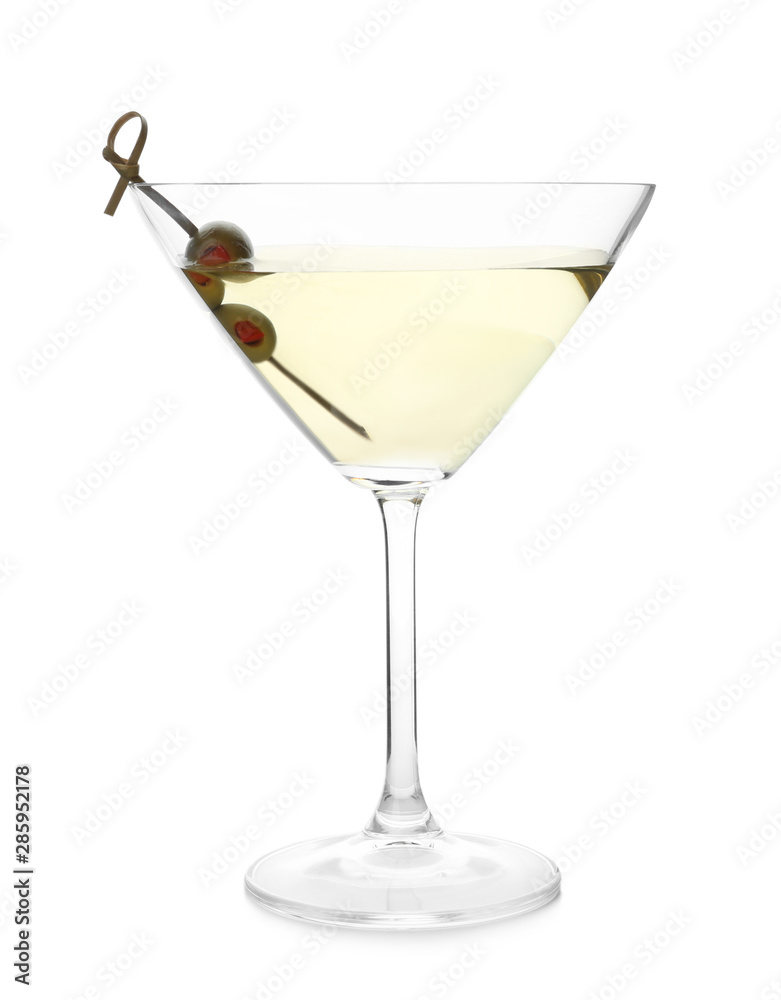 Glass of Classic Dry Martini with olives on white background