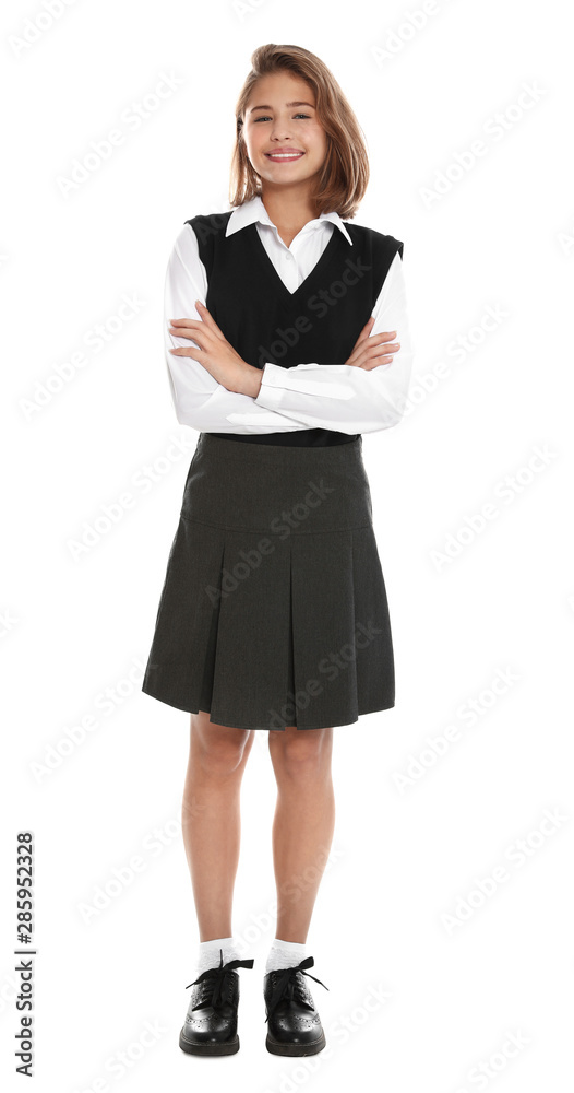 Happy girl in school uniform on white background Happy girl in school uniform on white background