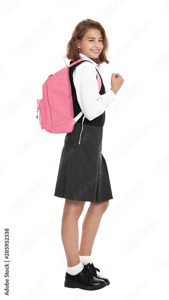 Happy girl in school uniform on white background Happy girl in school uniform on white background