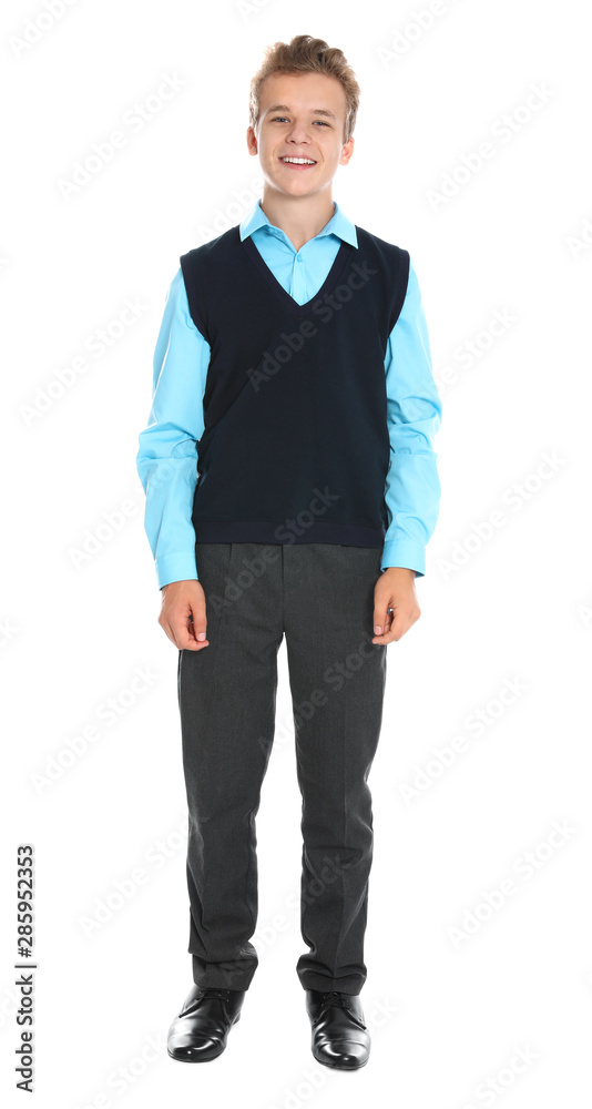 Happy boy in school uniform on white background Happy boy in school uniform on white background