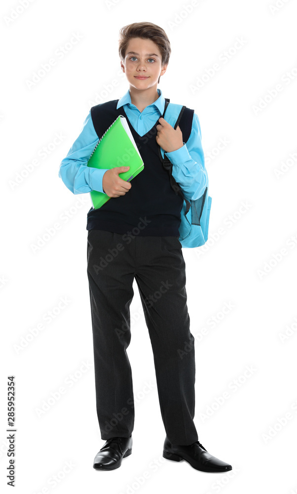 Happy boy in school uniform on white background Happy boy in school uniform on white background