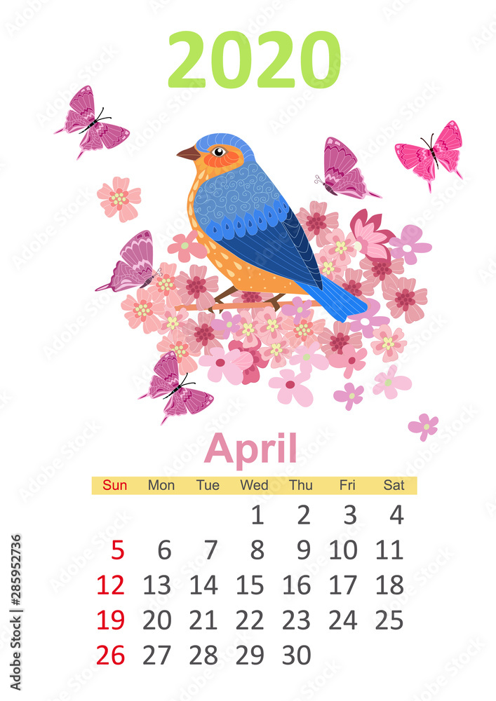 cute nature Calendar for 2020, april
