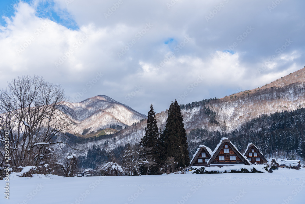 Old houses and historical village in shirakawa go of the world heritage of Japan.Winter landscape.