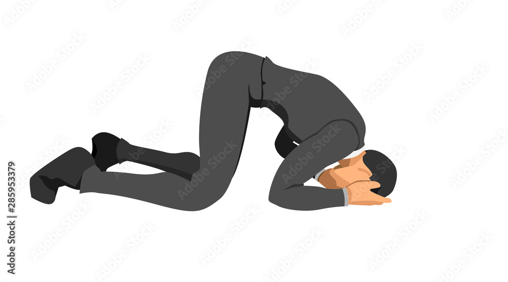 the character wearing a suit is bowing down holding his head. gestures indicate failure and bankruptcy. the character wearing a suit is bowing down holding his head. gestures indicate failure and bankruptcy.