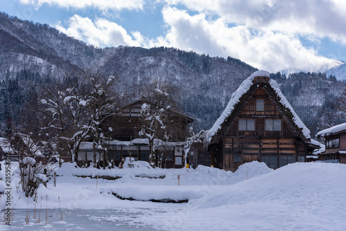 Gassho-zukuri house and historic village in Shirakawa go, winter in Japan.