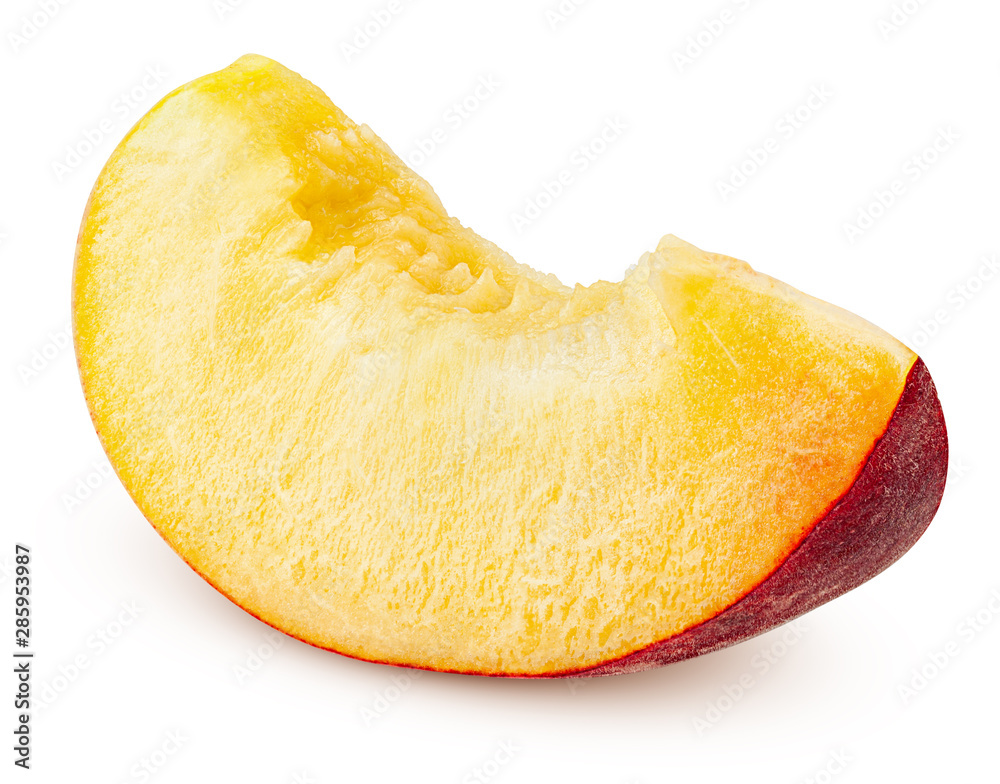 Nectarine or peach, slice, isolated on white background, clipping path, full depth of field Nectarine or peach, slice, isolated on white background, clipping path, full depth of field