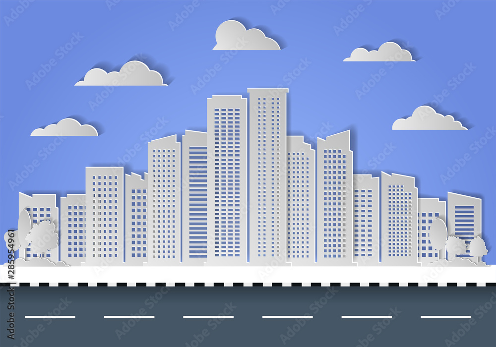 Paper cut city and skyscraper on blue sky background, Modern origami architecture buildings vector