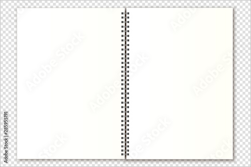 Vector mockup open spiral notebook, organizer, calendar, magazine size a4 on a transparent background. Realistic metal spiral and light shadows. Suitable for your design.
