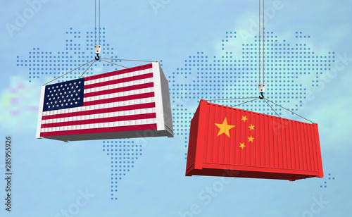 USA and China import export trade war concept. Cargo containers collision as USA and China business finance economic trade tension conflict and  trade deficit symbol. Vector illustration.