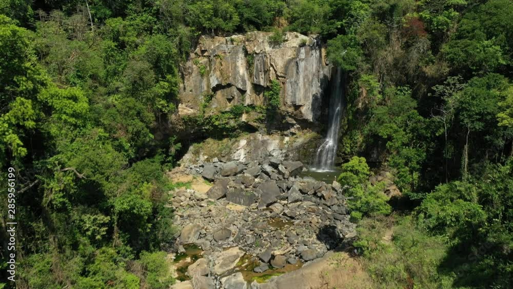 Aerial Drone View of cascade surrounded by the lush jungle in Central America