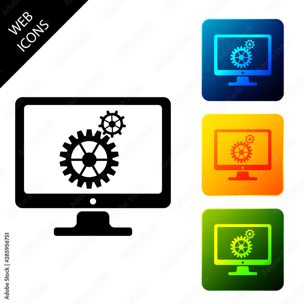 Computer monitor and gears icon isolated. Monitor service concept. Adjusting app, setting options, maintenance, repair, fixing monitor concepts. Set icons colorful square buttons. Vector Illustration Computer monitor and gears icon isolated. Monitor service concept. Adjusting app, setting options, maintenance, repair, fixing monitor concepts. Set icons colorful square buttons. Vector Illustration