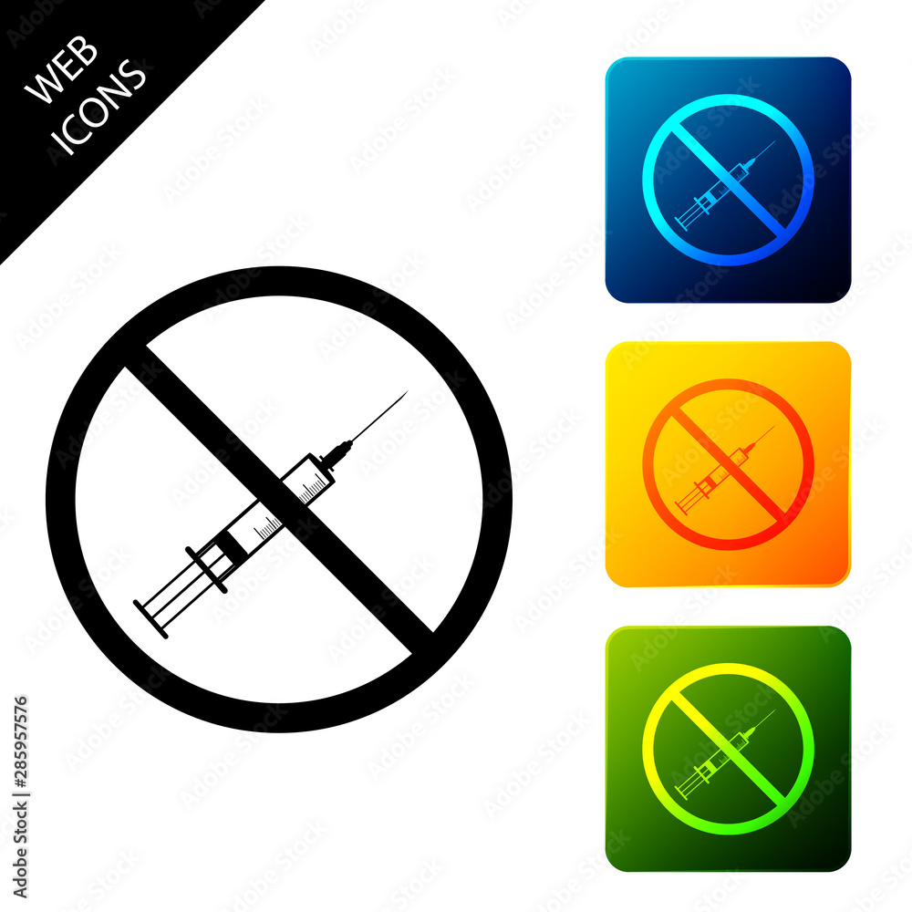No vaccine icon isolated on white background. No syringe sign. Vaccination, injection, vaccine, insulin concept. Set icons colorful square buttons. Vector Illustration No vaccine icon isolated on white background. No syringe sign. Vaccination, injection, vaccine, insulin concept. Set icons colorful square buttons. Vector Illustration