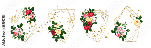 Wedding floral golden geometric triangular frame with pink red yellow roses