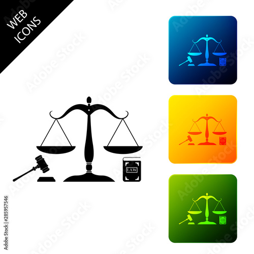 Scales of justice, gavel and book icon isolated on white background. Symbol of law and justice. Concept law. Legal law and auction symbol. Set icons colorful square buttons. Vector Illustration