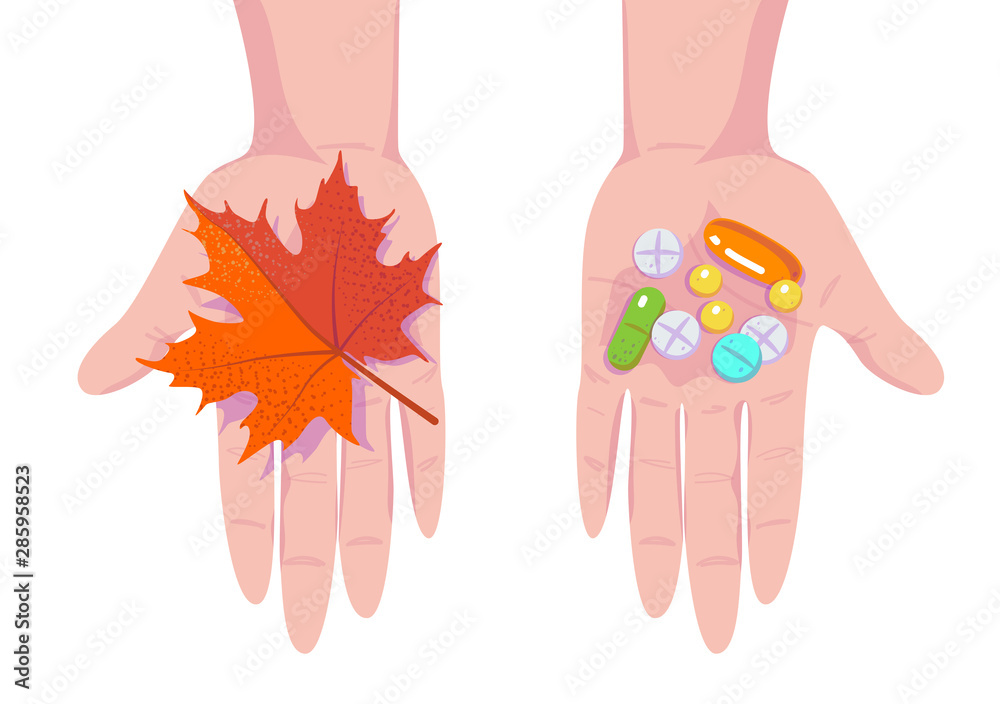 Pills, tablets and red maple leaf on hands. Seasonal depression and Antidepressants. Autumn cold and flu. Flat vector illustration on white isolated background. Pills, tablets and red maple leaf on hands. Seasonal depression and Antidepressants. Autumn cold and flu. Flat vector illustration on white isolated background.