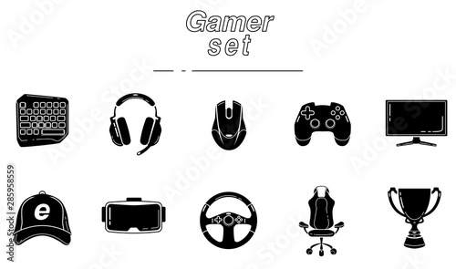 Gaming glyph icon set. Esports equipment. Computer Game devices. Silhouette symbols. Vector isolated illustration