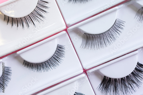 False eyelashes. Beauty pattern. Cosmetic products for makeup artist. Closeup. Style, fashion.