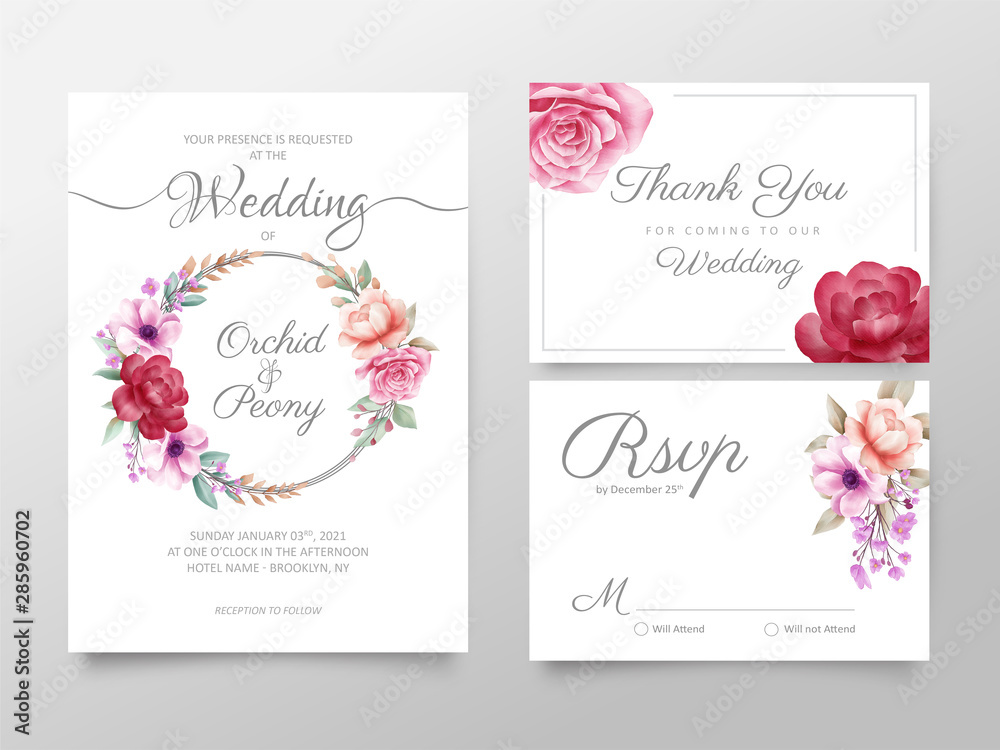 Stylish watercolor floral wedding invitation cards template set. Editable invite, thank you, rsvp cards vector design