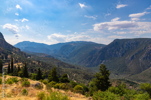 Beautiful panoramic view to greek landscape, valley of Phosis and Parnassus mountain near ruins of ancient Delphi, Greece