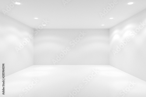 Fototapeta Naklejka Na Ścianę i Meble -  Empty white room with spotlights in the ceiling - gallery or modern interior template, 3D illustration
