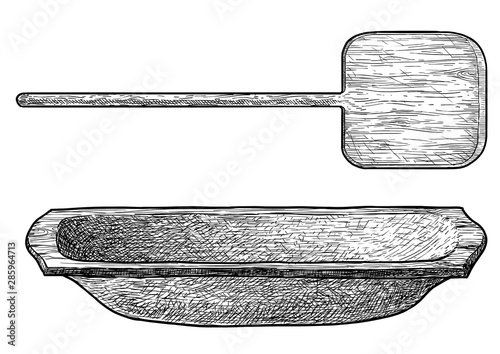 Wooden shovel and wooden trough illustration, drawing, engraving, ink, line art, vector