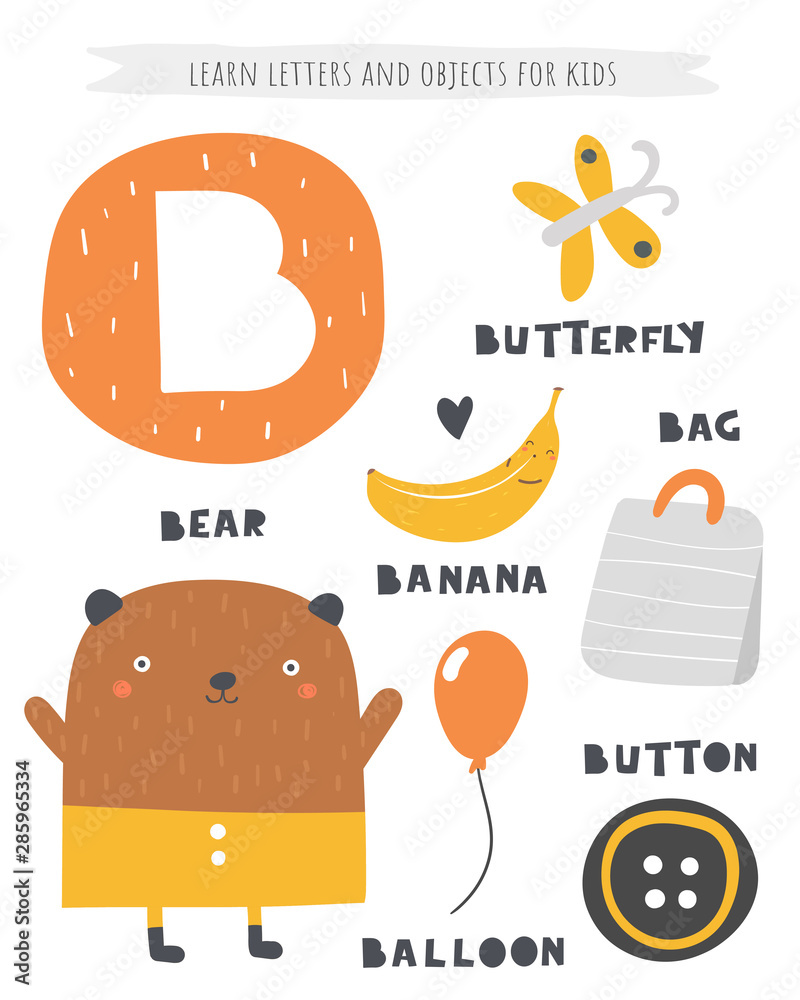 B letter objects and animals including bear, banana, button, butterfly,  bag, balloon. Learn english alphabet, letters Stock Vector | Adobe Stock