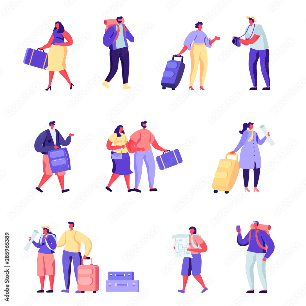 Set of flat people family goes on vacation characters. Bundle cartoon people travelers with suitcases go on a trip on white background. Vector illustration in flat modern style.