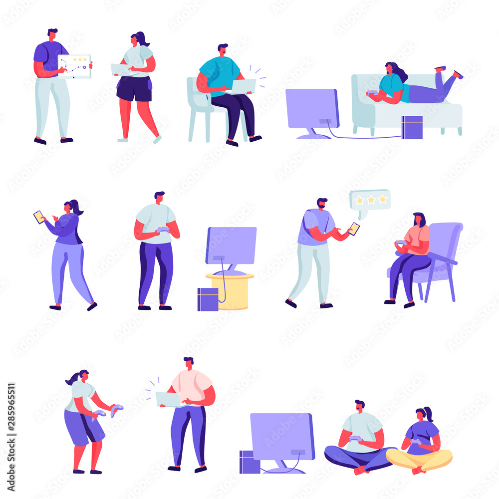 Set of flat people gamers characters. Bundle cartoon people players playing with various devices and poses on white background. Vector illustration in flat modern style.