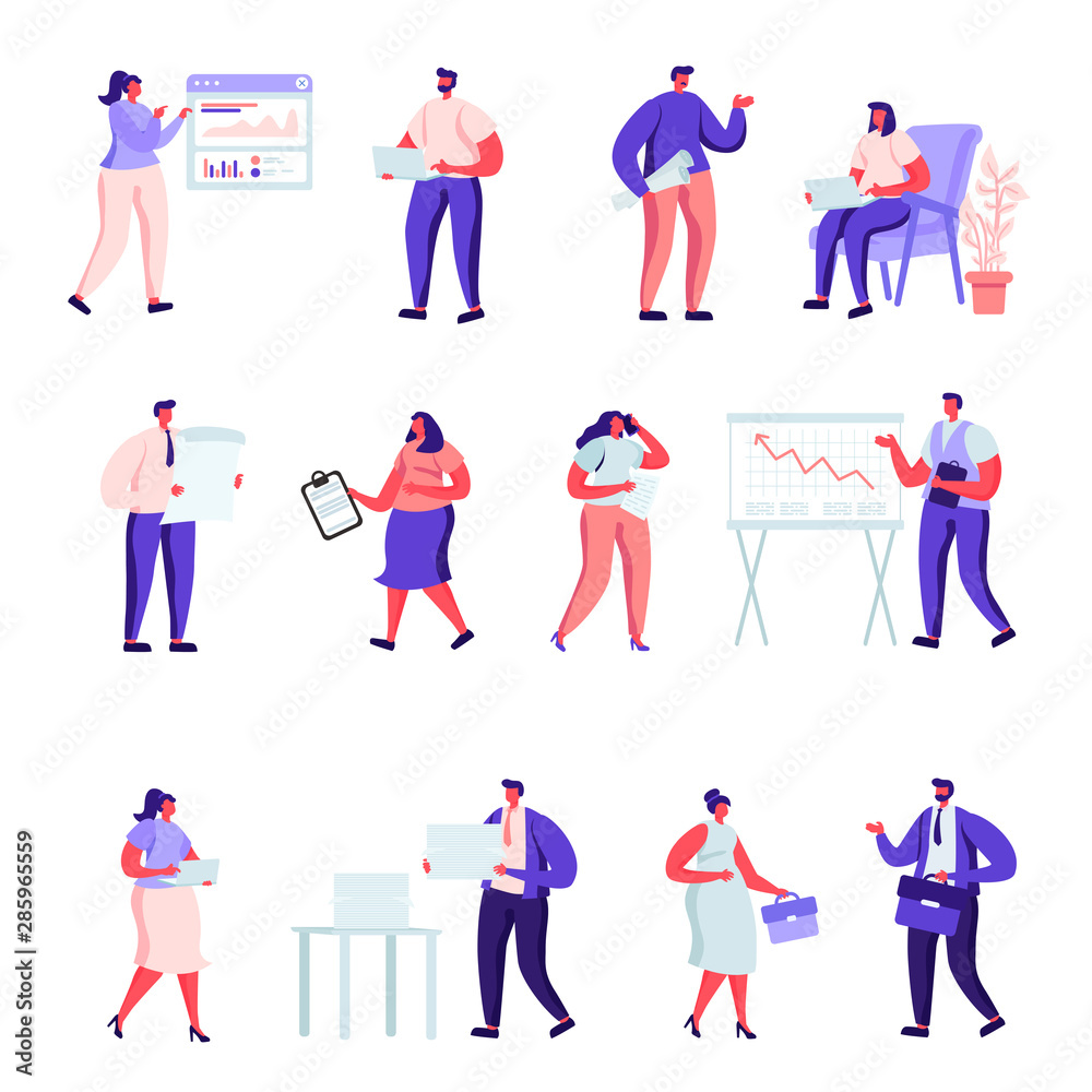 Set of flat people office workers characters. Bundle cartoon people in various poses, graphs, data analysis on white background. Vector illustration in flat modern style.