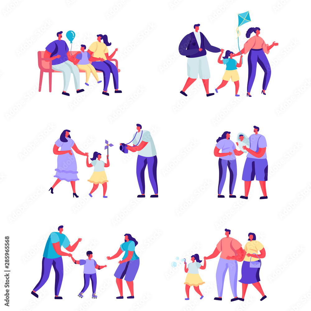Set of flat people happy moments of family characters. Bundle cartoon people on a walk with children in various poses on white background. Vector illustration in flat modern style.