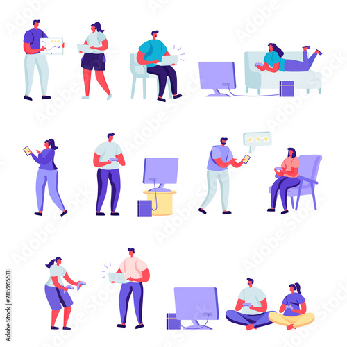 Set of flat people gamers characters. Bundle cartoon people players playing with various devices and poses on white background. Vector illustration in flat modern style.