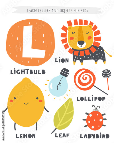 L letter objects and animals including lion, lemon, light bulb, lollipop, ladybird, leaf