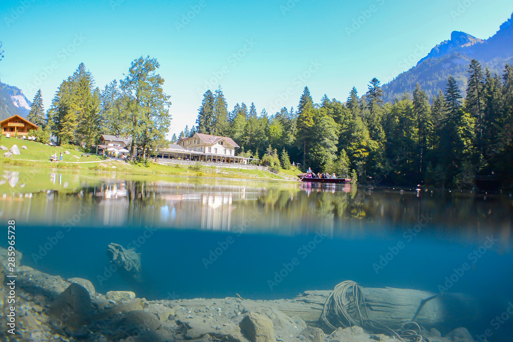 Fantastic panorama of blausee lake / Blausee, Switzerland. Picturesque summer in Swiss alps, Bernese Oberland, Europe. Beauty of nature with trout concept background. 