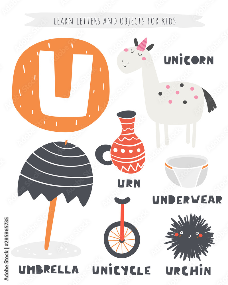 U letter objects and animals including unicorn, urn, umbrella, unicycle,  urchin, underwear. Stock Vector | Adobe Stock