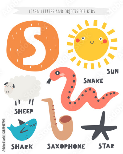 S letter objects and animals including sheep  sun  snake  shark  star  saxophone.