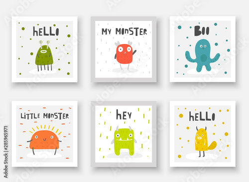 Funny monsters collection. Cute hand drawn doodle cards, postcards, posters with cartoon creatures