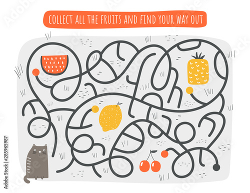 Cute rebus, test, activity, logic quest for kids. Funny labyrinth, puzzle with cat, watermelon, lemon, pineapple, cherry