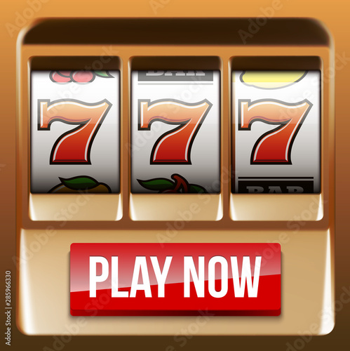 Illustration banner of mobile online casino application with 777 big win slot machine. Realistic advertising poster with online mobile app casino and Jackpot 777. Play now in One Armed Bandit banner