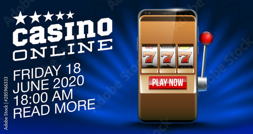 Illustration banner of mobile online casino application with 777 big win slot machine. Realistic advertising poster with online mobile app casino and Jackpot 777. Play now in One Armed Bandit banner