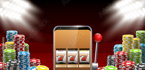 Illustration banner of mobile online casino application with 777 big win slot machine. Realistic advertising poster with online mobile app casino and Jackpot 777. Play now in One Armed Bandit banner