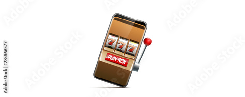 Illustration banner of mobile online casino application with 777 big win slot machine. Realistic advertising poster with online mobile app casino and Jackpot 777. Play now in One Armed Bandit banner