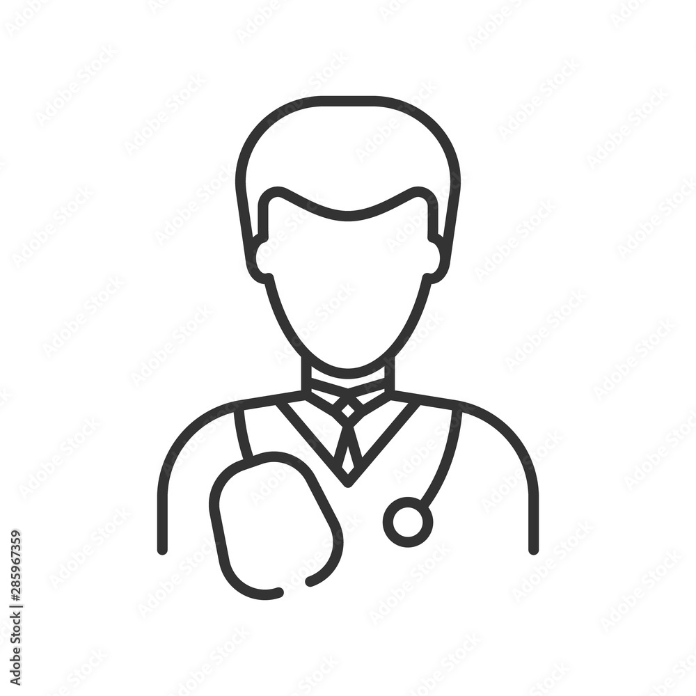 Simple linear medic icon on a white background. Doctor man in a shirt and tie. Gray lines. Phonendoscope on the shoulders. Simple linear medic icon on a white background. Doctor man in a shirt and tie. Gray lines. Phonendoscope on the shoulders.