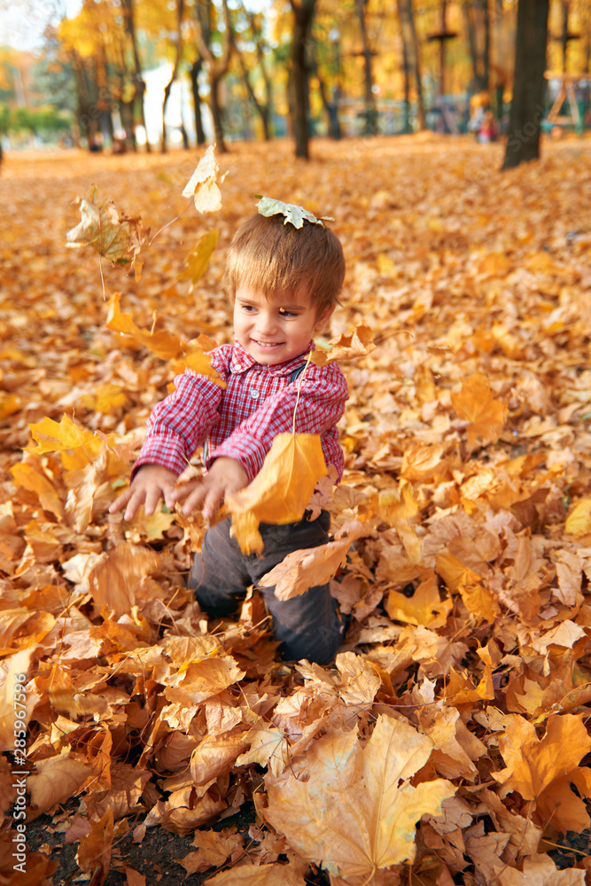 Happy child playing, posing, smiling and having fun in autumn city park. Bright yellow trees and leaves
