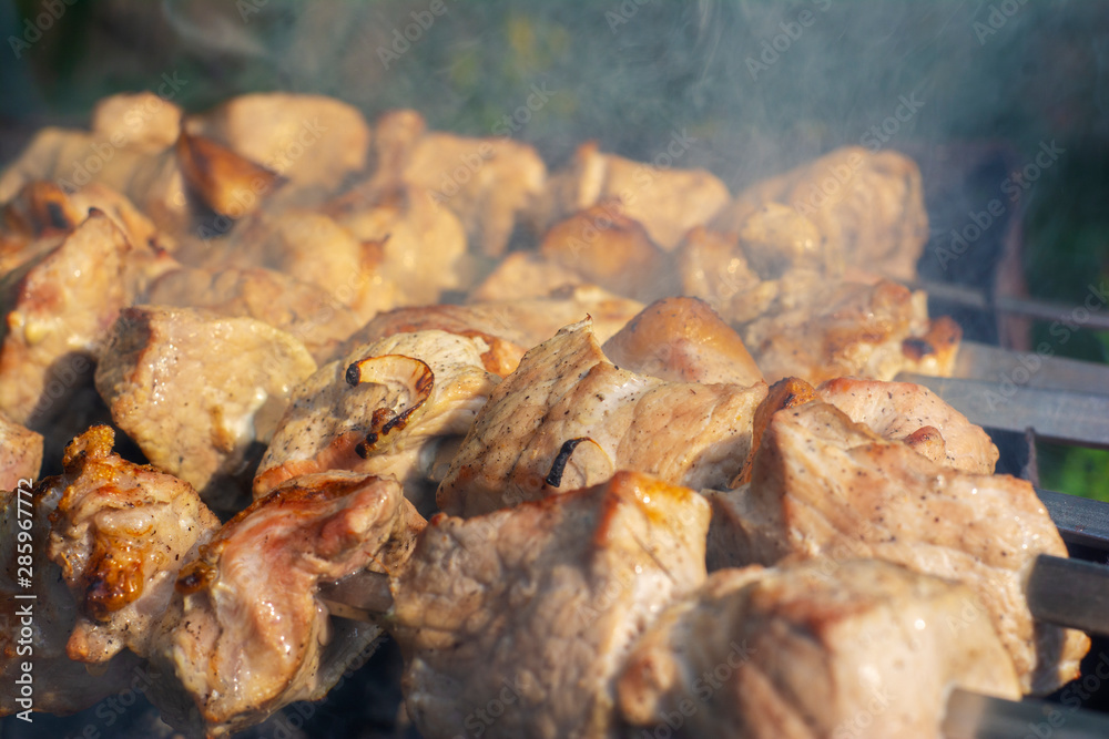 Fried meat on open fire. Close-up barbecue.