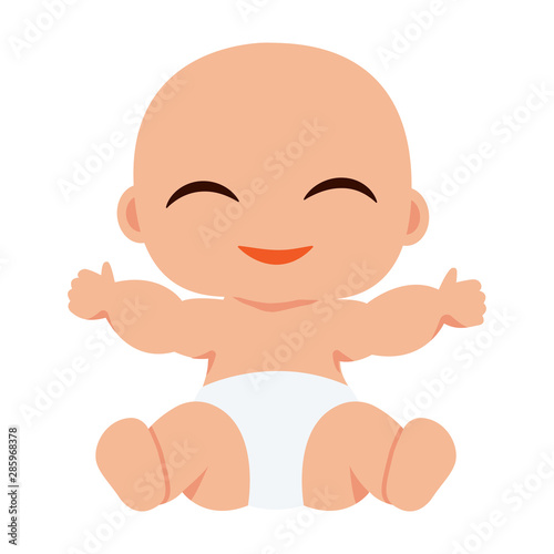 Cute smiling little child, sitting in diapers. Baby, infant, child, babe, kid. Vector illustration