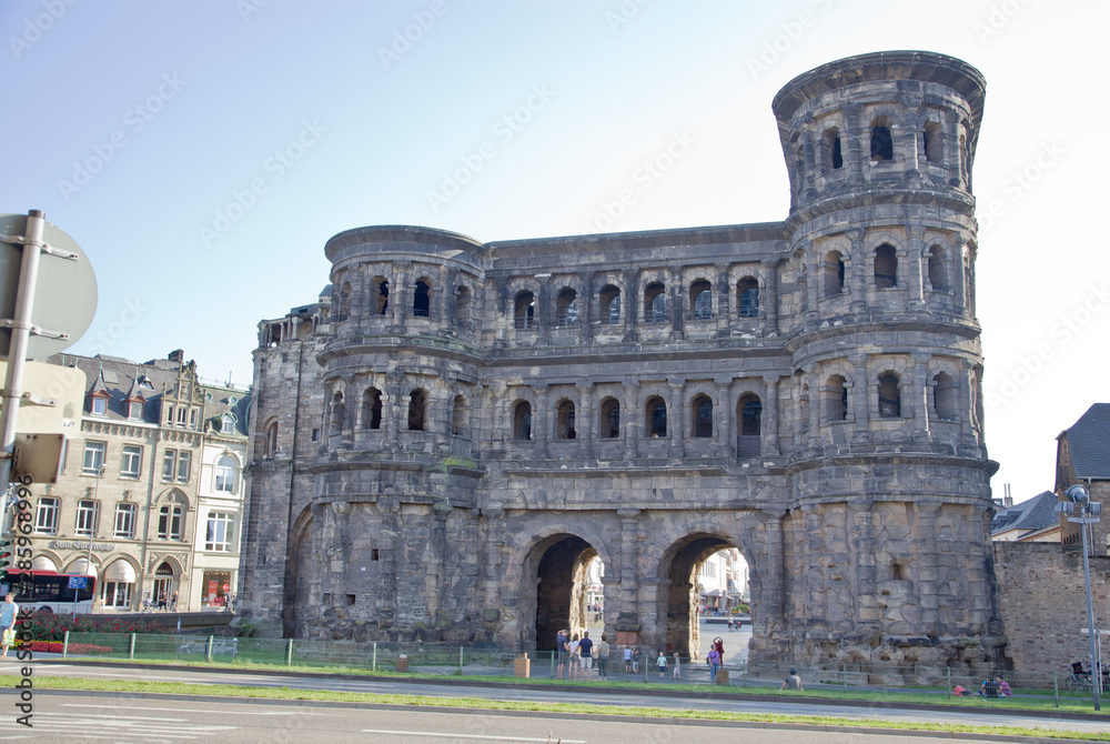 TRIER,GERMANY-JULY 19,2014: View on Porta Nidra-Antique roman city gate in Trier,Germany on 19 July 2014.It is designated as part of the roman monuments, in Trier Unesco world heritage site.