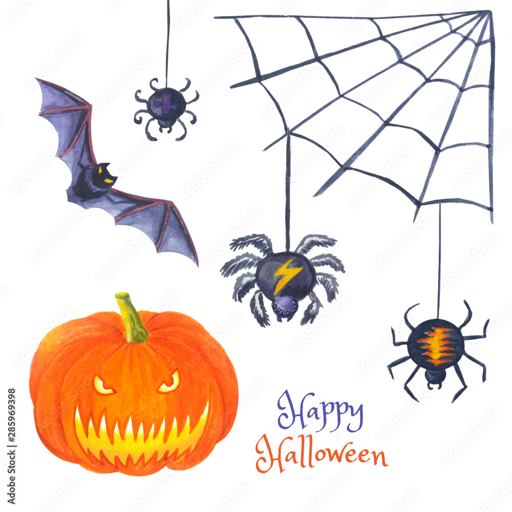   Spiders, pumpkin, bat  for Happy hallowen. 