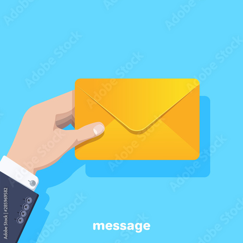 flat vector image on a blue background, the hand of a man in a business suit holds a yellow envelope with a letter, receiving or sending an email